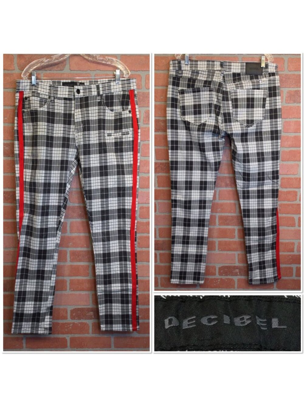 Decibel Mens Plaid Skinny Fit Pants Black & White Check Red Side Stripes 36X32